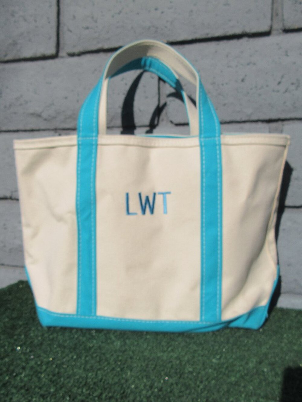 Vintage L.L. Bean Boat and Tote Aqua Cream Canvas Zip Top Tote Bag Medium
